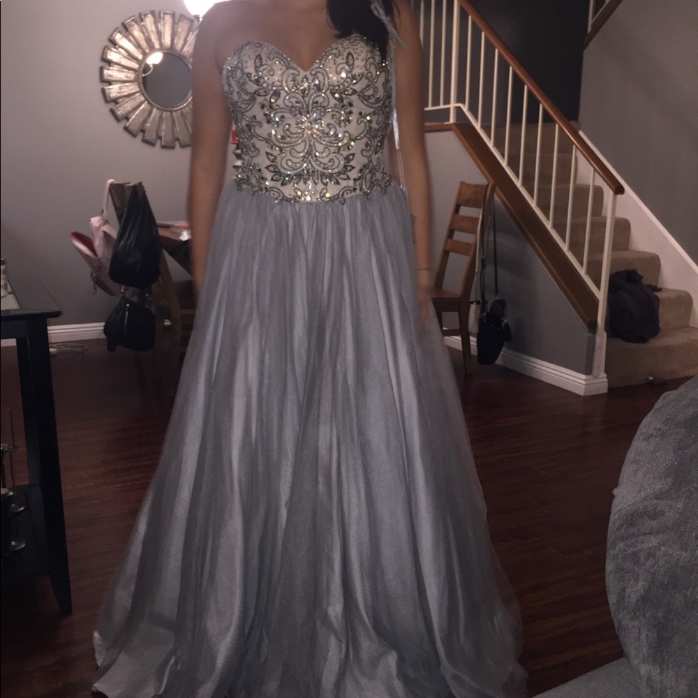 Gray Rhinestone Strapless Prom Dress